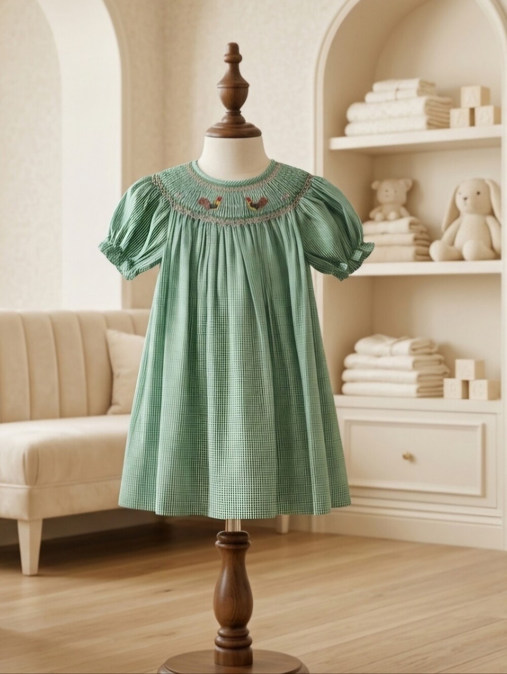 Rosalina Green & White Gingham Smocked Rooster Bishop Dress Sz 5Y
